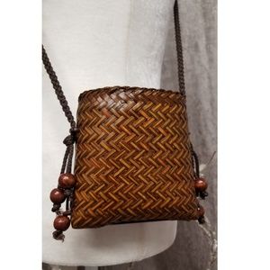 Woven Basket Bag Brown Wicker Crossbody Beaded